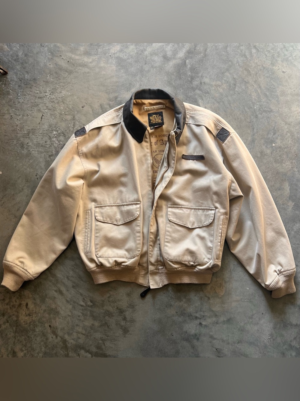 Vintage 1980’s Avirex Type A-2 beige canvas w/ leather trim flight bomber jacket